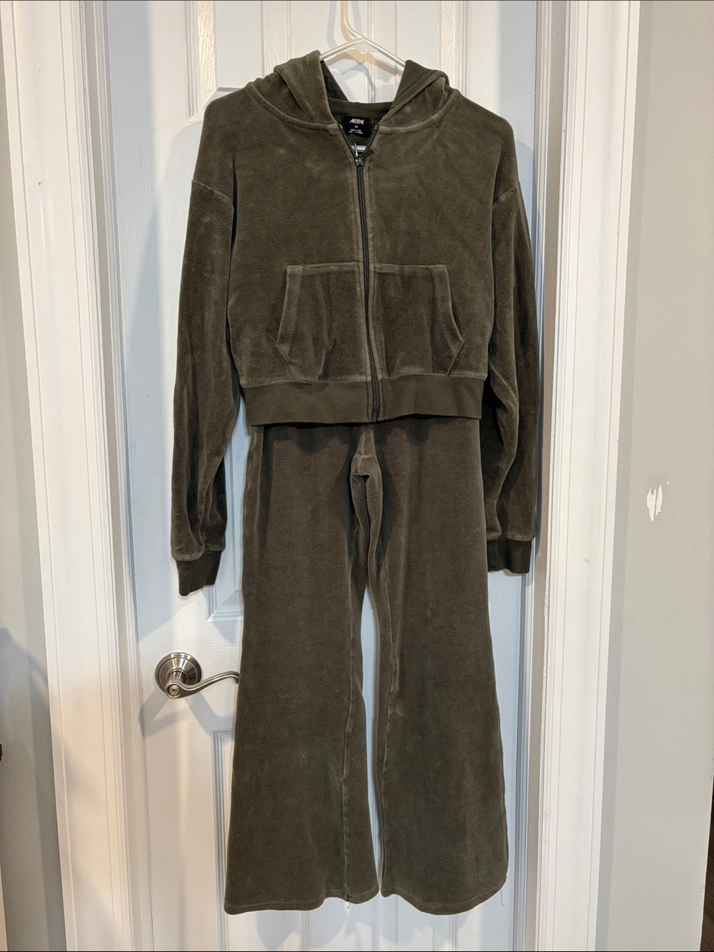 Ardene Olive Green Plush Zip Hoodie & Wide Leg Pants Set